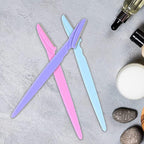 Colorful facial hair removal razors shown in purple, pink, and blue, with illustrations demonstrating precise eyebrow, upper lip, and facial hair grooming.