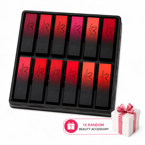 "Huda Beauty 12-piece matte lipstick set with a free random beauty accessory."