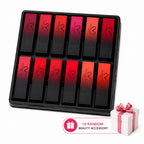 "Huda Beauty 12-piece matte lipstick set with a free random beauty accessory."