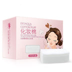Bioaqua Cotton Puff makeup remover pads in a pink box with a stack of soft white facial cleansing pads.