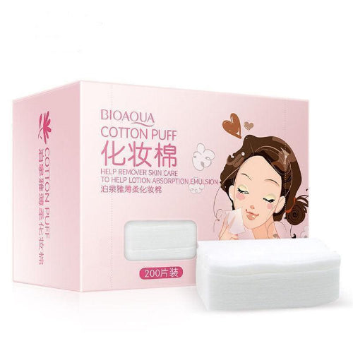 Bioaqua Cotton Puff makeup remover pads in a pink box with a stack of soft white facial cleansing pads.