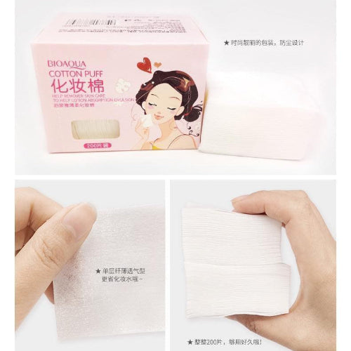 Bioaqua Cotton Puff makeup remover pads in a pink box with a stack of soft white facial cleansing pads.