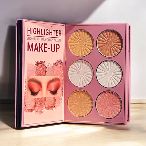 Mocallure Flower Palette in a pink floral book-style case displayed on a wooden surface. A 5-page all-in-one makeup palette featuring eyeshadows, blush, highlighter, concealer, and lipstick for complete makeup looks.