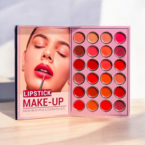 Mocallure Flower Palette in a pink floral book-style case displayed on a wooden surface. A 5-page all-in-one makeup palette featuring eyeshadows, blush, highlighter, concealer, and lipstick for complete makeup looks.