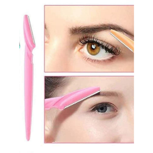 Colorful facial hair removal razors shown in purple, pink, and blue, with illustrations demonstrating precise eyebrow, upper lip, and facial hair grooming.