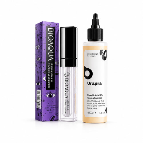 "Bioaqua Nourishing Eyelash Serum and Urapra 7% Glycolic Acid Toning Solution on a white background."