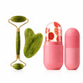Beauty Glow Skincare Set featuring a jade roller, gua sha stone, and face glow ice roller on a white background."