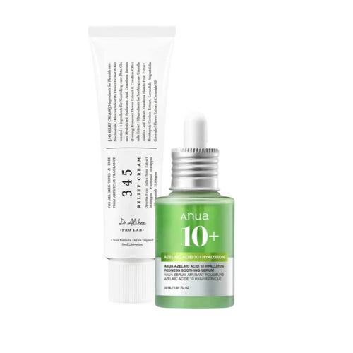 DR. ALTHEA 345 Relief Cream and ANUA Azelaic Acid 10+ Hyaluron Serum displayed on a clean white background.