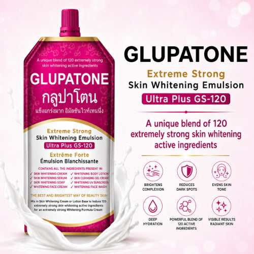 Glupatone Extreme Strong Skin Whitening Emulsion Ultra Plus GS-120 pouch packaging with bright pink and gold design.