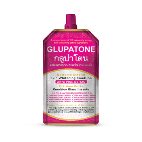 Glupatone Extreme Strong Skin Whitening Emulsion Ultra Plus GS-120 pouch packaging with bright pink and gold design.