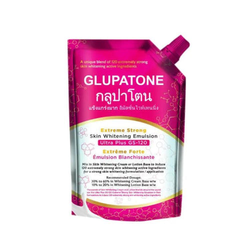 Glupatone Extreme Strong Skin Whitening Emulsion Ultra Plus GS-120 pouch packaging with bright pink and gold design.