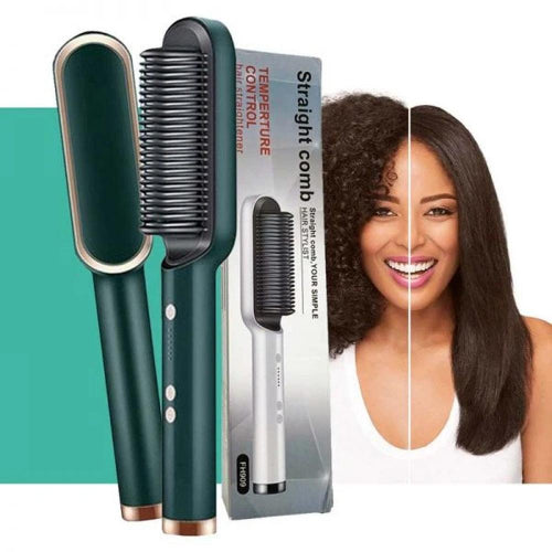 Keratin hair mask treatment jar with an electric hair straightening comb and citrus-themed packaging, showcasing a complete hair care and styling set.