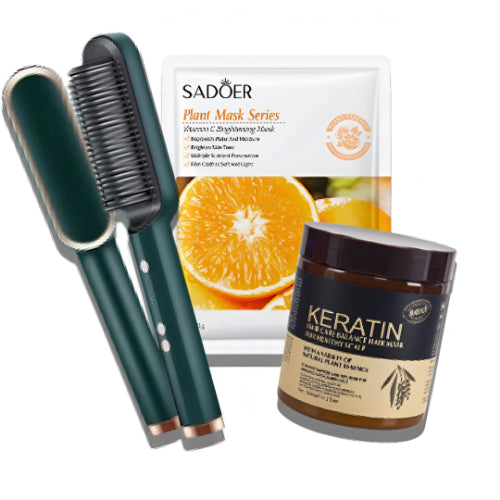 Keratin hair mask treatment jar with an electric hair straightening comb and citrus-themed packaging, showcasing a complete hair care and styling set.