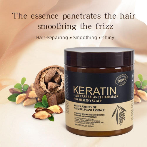 Keratin hair mask treatment jar with an electric hair straightening comb and citrus-themed packaging, showcasing a complete hair care and styling set.