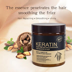 Keratin hair mask treatment jar with an electric hair straightening comb and citrus-themed packaging, showcasing a complete hair care and styling set.