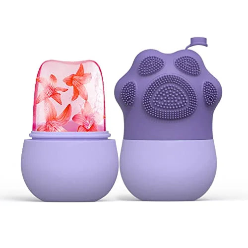"Purple Cat Claw Ice Massage Device with a floral ice insert on a white background."
