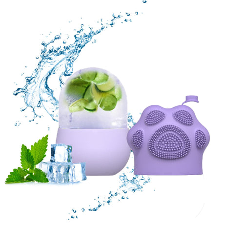 "Purple Cat Claw Ice Massage Device with a floral ice insert on a white background."