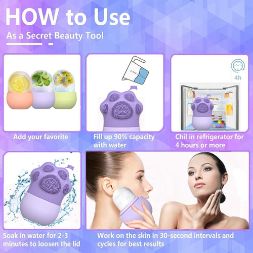 "Purple Cat Claw Ice Massage Device with a floral ice insert on a white background."