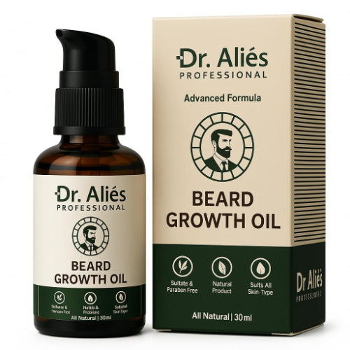 Dr. Alies Professional Beard Growth Oil 30ml bottle with pump dispenser and matching product box on a white background,