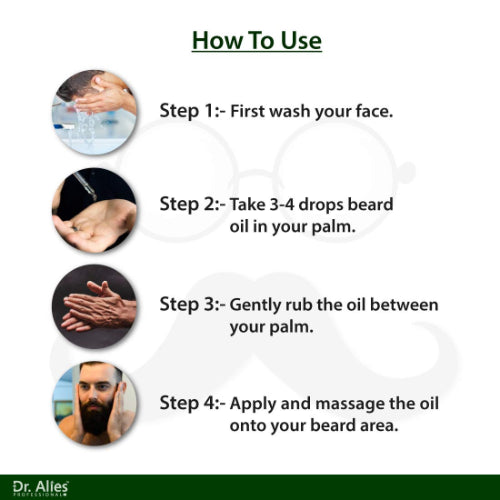 Dr. Alies Professional Beard Growth Oil 30ml bottle with pump dispenser and matching product box on a white background,