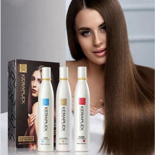 Keraplex Brazilian Keratin Hair Treatment 3-step hair care set with three treatment bottles for smooth, shiny, frizz-free hair.
