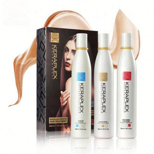 Keraplex Brazilian Keratin Hair Treatment 3-step hair care set with three treatment bottles for smooth, shiny, frizz-free hair.