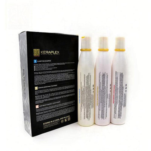 Keraplex Brazilian Keratin Hair Treatment 3-step hair care set with three treatment bottles for smooth, shiny, frizz-free hair.