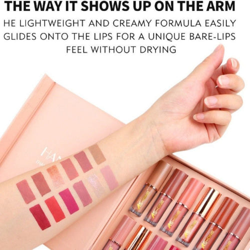 "KS-ONE matte liquid lipstick shades watched on an arm with the complete lipstick set displayed below."