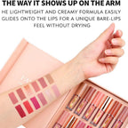 "KS-ONE matte liquid lipstick shades watched on an arm with the complete lipstick set displayed below."
