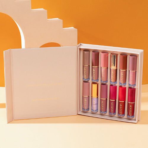 "KS-ONE matte liquid lipstick shades watched on an arm with the complete lipstick set displayed below."