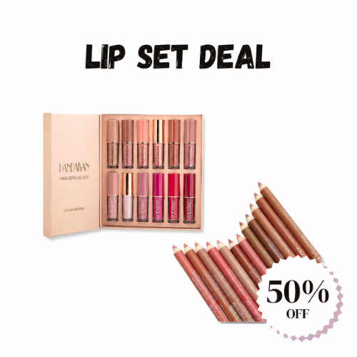 Lip set deal featuring a collection of lip products and lip liner pencils with a 50% OFF discount offer on a clean white background.