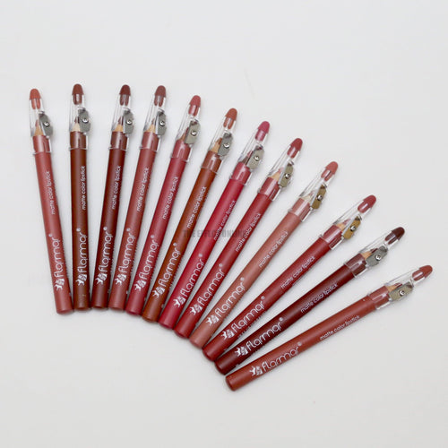 Flormar Set of 12 Lip Pencils arranged on a white background, featuring a variety of nude, pink, and brown shades for precise lip lining, shaping, and long-lasting lip definition.