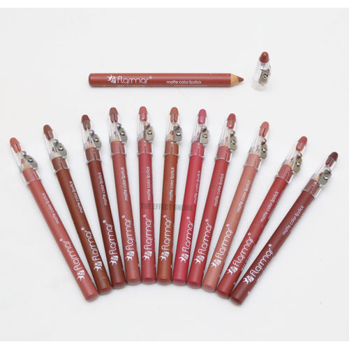Flormar Set of 12 Lip Pencils arranged on a white background, featuring a variety of nude, pink, and brown shades for precise lip lining, shaping, and long-lasting lip definition.