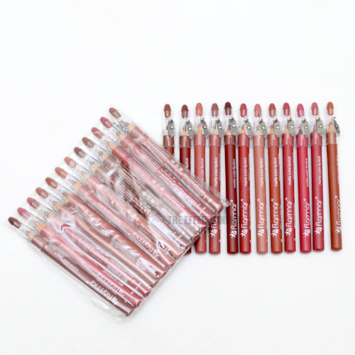 Flormar Set of 12 Lip Pencils arranged on a white background, featuring a variety of nude, pink, and brown shades for precise lip lining, shaping, and long-lasting lip definition.