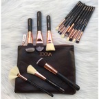 Zoeva 15-piece professional rose gold makeup brush set with soft face and eye brushes in a black travel pouch for flawless makeup 