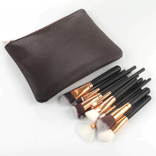 Zoeva 15-piece professional rose gold makeup brush set with soft face and eye brushes in a black travel pouch for flawless makeup 