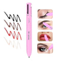 4-in-1 pink makeup pen for eyeliner, eyebrow, lip liner, and highlighter with multiple color swatches.