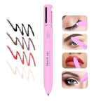 4-in-1 pink makeup pen for eyeliner, eyebrow, lip liner, and highlighter with multiple color swatches.