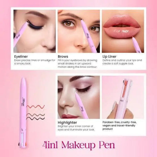 4-in-1 pink makeup pen for eyeliner, eyebrow, lip liner, and highlighter with multiple color swatches.