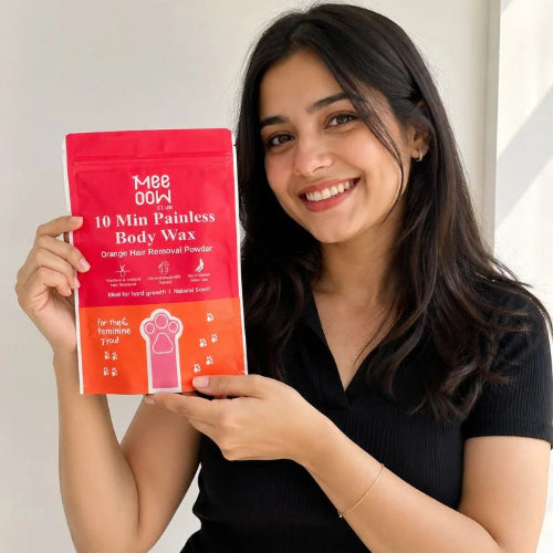 MEOW 10 Min Painless Body Wax Powder pack on a white background.