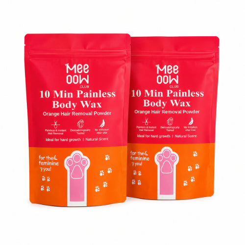 MEOW 10 Min Painless Body Wax Powder pack on a white background.