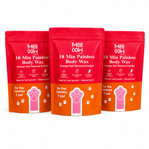MEOW 10 Min Painless Body Wax Powder pack on a white background.