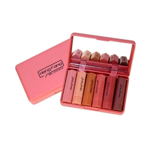 Heng Fang 6-piece mini matte lipstick set with multiple shades displayed in a compact case.
