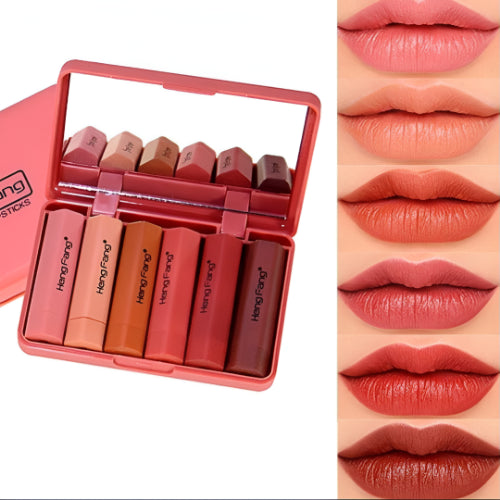 Heng Fang 6-piece mini matte lipstick set with multiple shades displayed in a compact case.