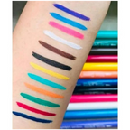 Miss Demi colorful liquid eyeliners arranged in a row, featuring multiple vibrant shades including red, green, blue, orange, purple, brown, pink, yellow, and black.