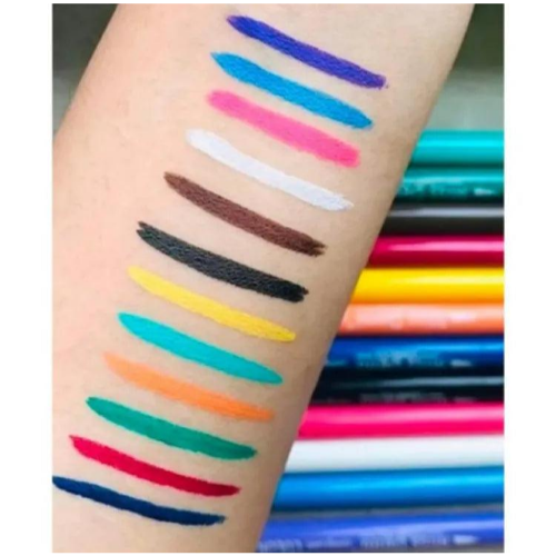 Miss Demi colorful liquid eyeliners arranged in a row, featuring multiple vibrant shades including red, green, blue, orange, purple, brown, pink, yellow, and black.