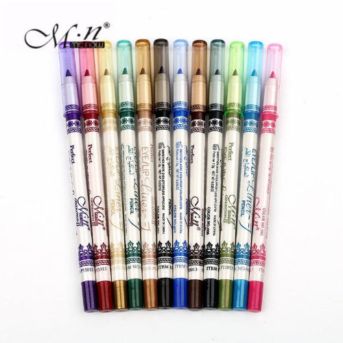 Miss Demi colorful liquid eyeliners arranged in a row, featuring multiple vibrant shades including red, green, blue, orange, purple, brown, pink, yellow, and black.