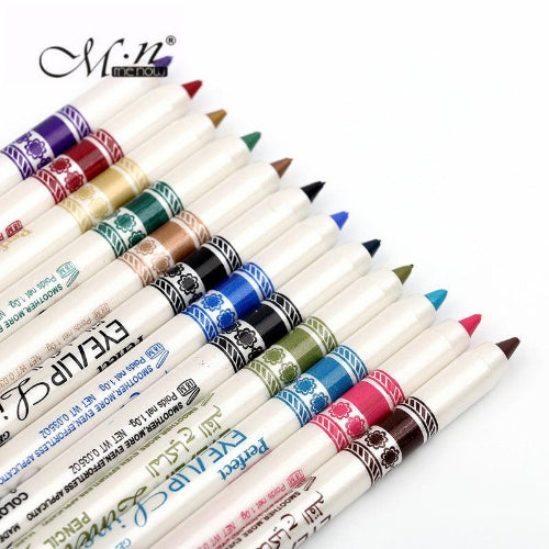 Miss Demi colorful liquid eyeliners arranged in a row, featuring multiple vibrant shades including red, green, blue, orange, purple, brown, pink, yellow, and black.