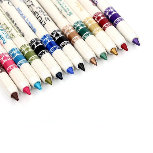 Miss Demi colorful liquid eyeliners arranged in a row, featuring multiple vibrant shades including red, green, blue, orange, purple, brown, pink, yellow, and black.