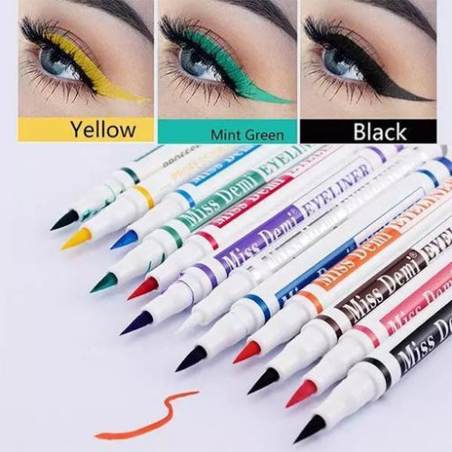 Miss Demi colorful liquid eyeliners arranged in a row, featuring multiple vibrant shades including red, green, blue, orange, purple, brown, pink, yellow, and black.